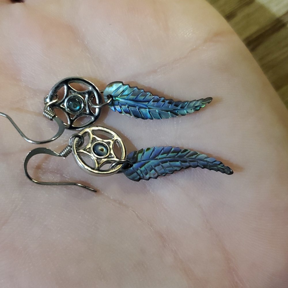 Dreamcatcher Abalone Feather Dangle Earrings - image 3